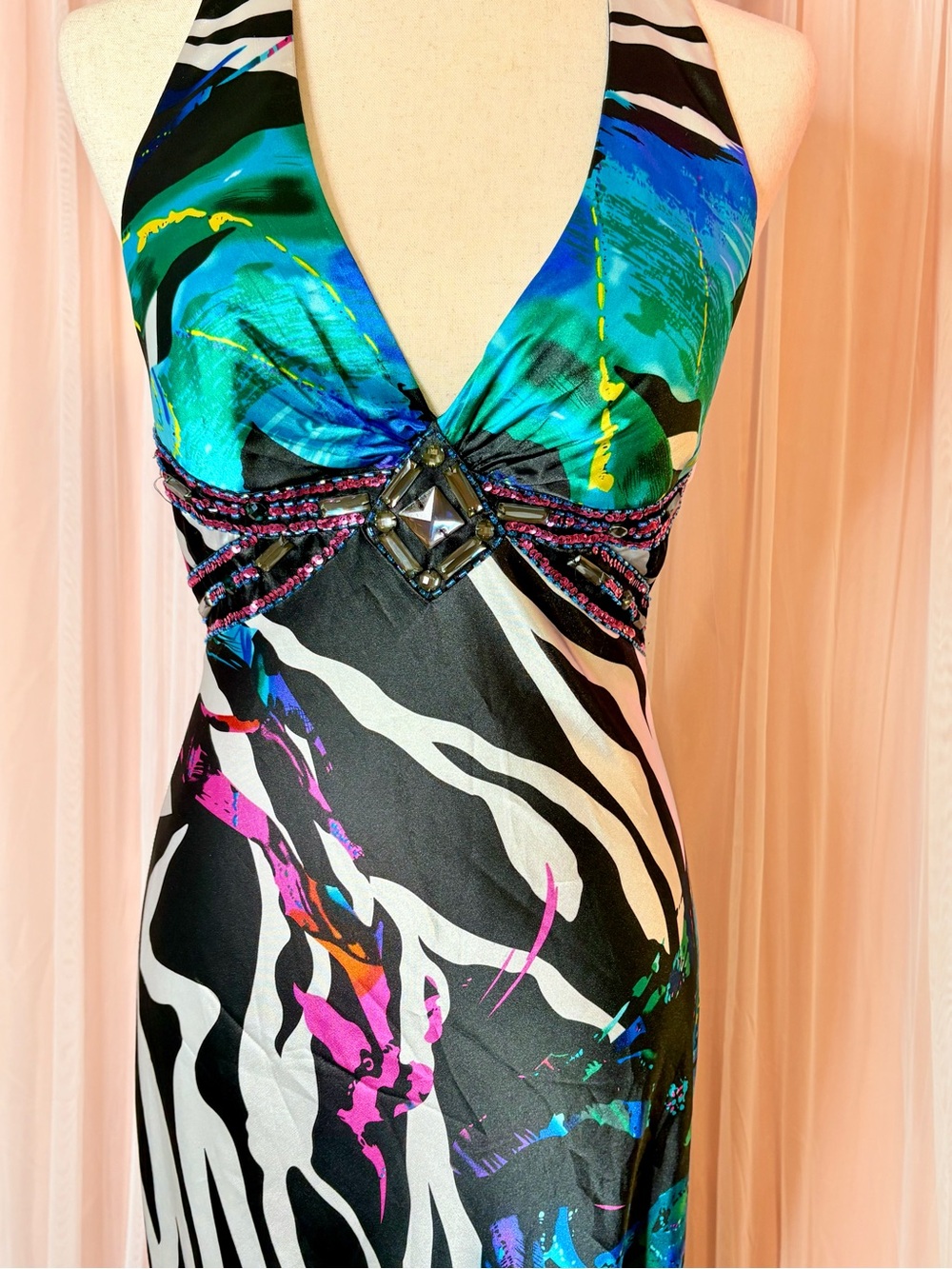 Cache Y2K Zebra Abstract Maxi Dress Size 4 Beaded Rhinestone Halter